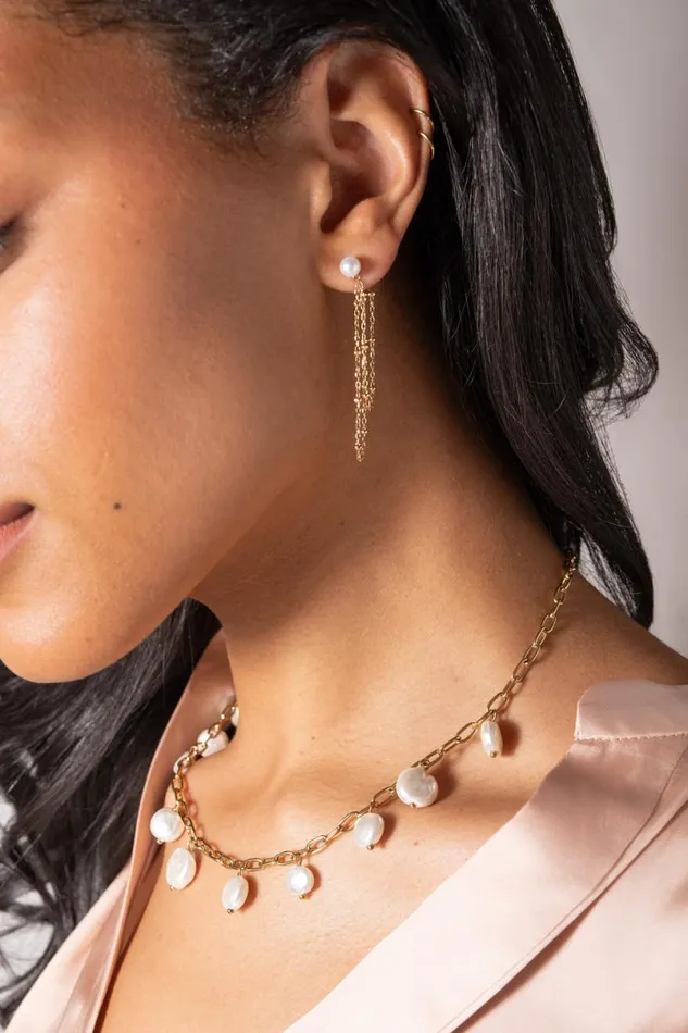 Freshwater Pearl FrontandBack Earrings Stainless Steel Gold Women Alex And Ani Earrings