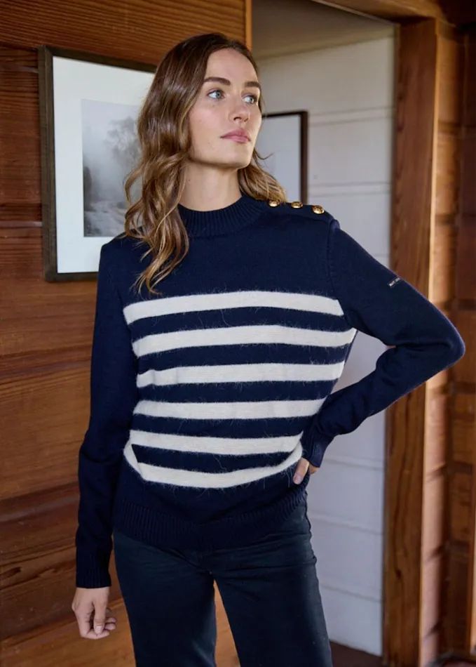 Gala Striped Sweater With Shank Button Shoulder 100 Textured Wool Navyivory Women Saint James Breton Sweaters Gala Striped Sweater With Shank Button Shoulder 100 Textured Wool Navyivory Women Saint James Breton Sweaters
