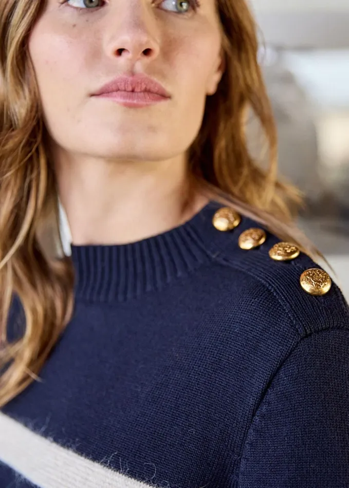 Gala Striped Sweater With Shank Button Shoulder 100 Textured Wool Navyivory Women Saint James Breton Sweaters