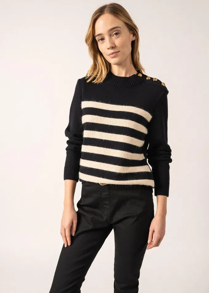 Gala Striped Sweater With Shank Button Shoulder 100 Textured Wool Navyivory Women Saint James Breton Sweaters