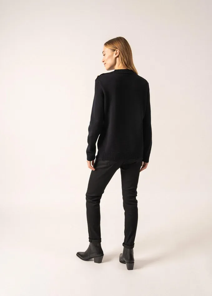 Gala Striped Sweater With Shank Button Shoulder 100 Textured Wool Navyivory Women Saint James Breton Sweaters
