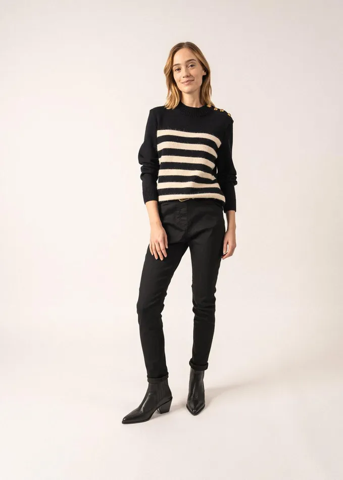 Gala Striped Sweater With Shank Button Shoulder 100 Textured Wool Navyivory Women Saint James Breton Sweaters