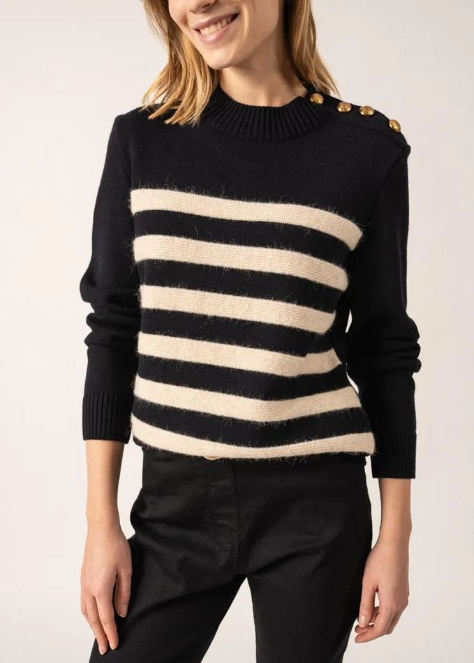 Gala Striped Sweater With Shank Button Shoulder 100 Textured Wool Navyivory Women Saint James Breton Sweaters