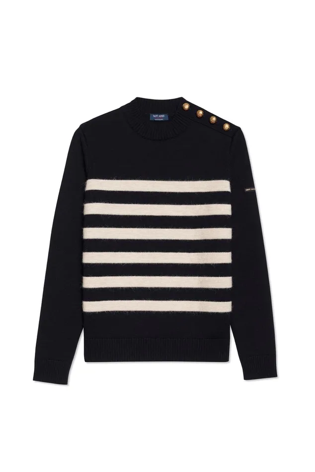 Gala Striped Sweater With Shank Button Shoulder 100 Textured Wool Navyivory Women Saint James Breton Sweaters