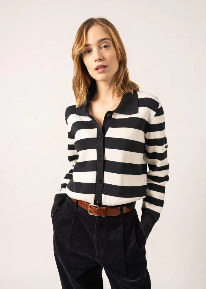 Galway Striped Cardigan With Polo Collar Cotton and Cashmere Navyivory Women Saint James Aw24