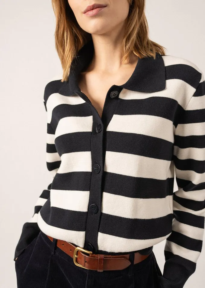 Galway Striped Cardigan With Polo Collar Cotton and Cashmere Navyivory Women Saint James Aw24