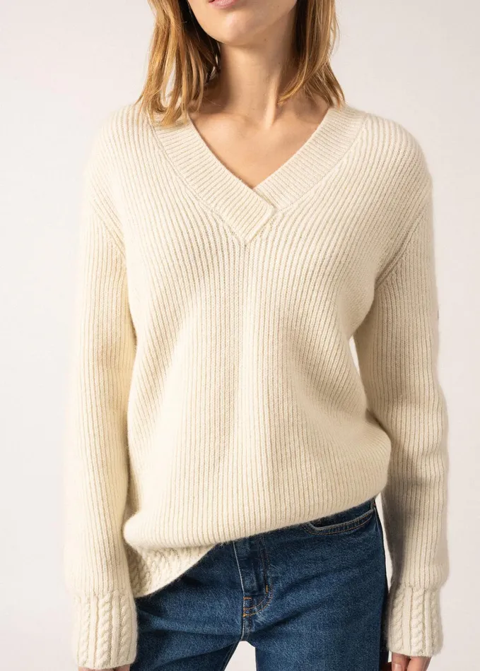Gavarnie VNeck Sweater With CableKnit Details Mohair Blend Winterwhite Women Saint James Sweaters Cardigans and Jackets