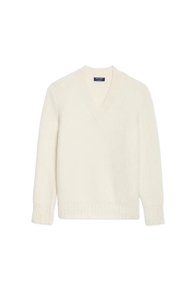 Gavarnie VNeck Sweater With CableKnit Details Mohair Blend Winterwhite Women Saint James Sweaters Cardigans and Jackets