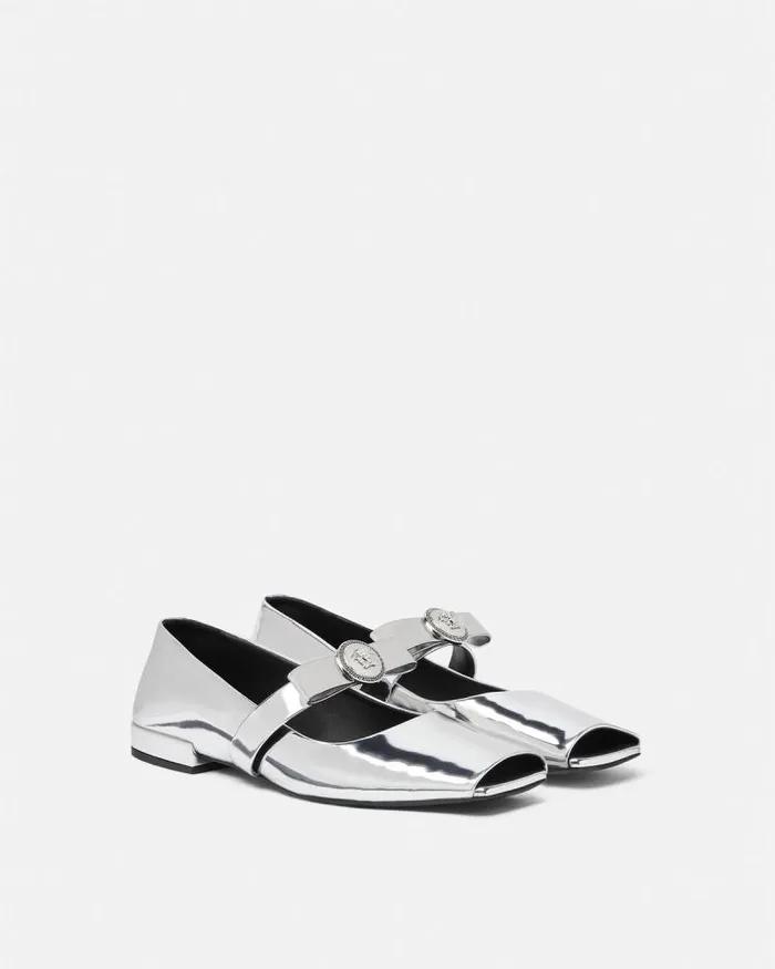 Gianni Ribbon Open Metallic Ballerinas Silver Women Versace Loafers and Flats