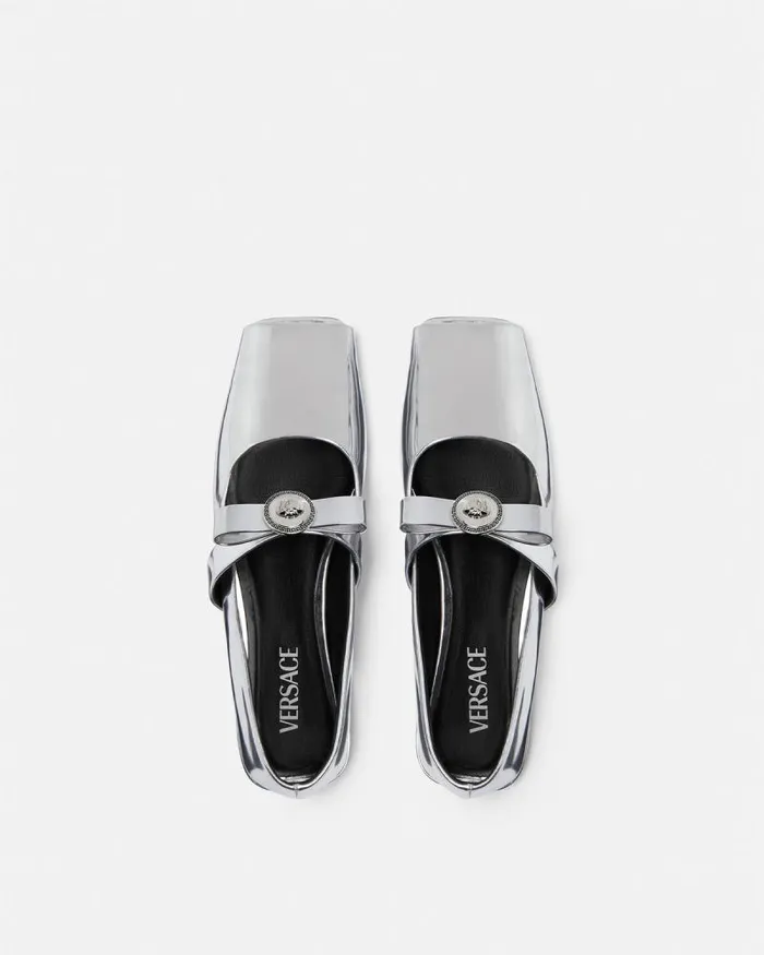 Gianni Ribbon Open Metallic Ballerinas Silver Women Versace Loafers and Flats