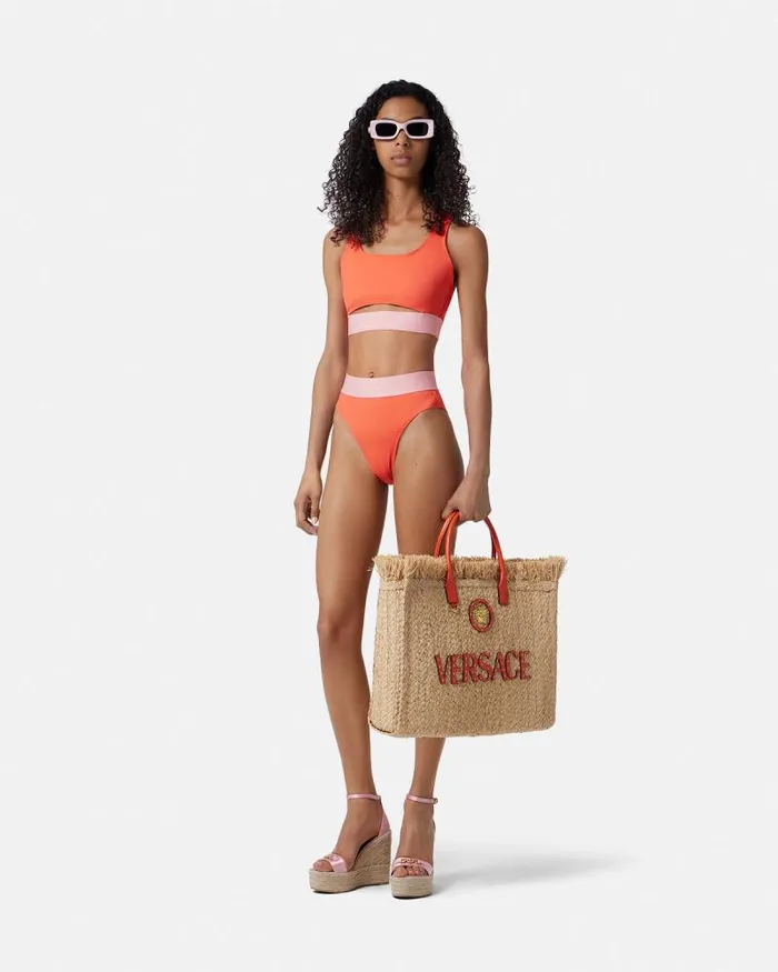 Greca Border High Waist Bikini Bottoms Coral Women Versace Swimwear
