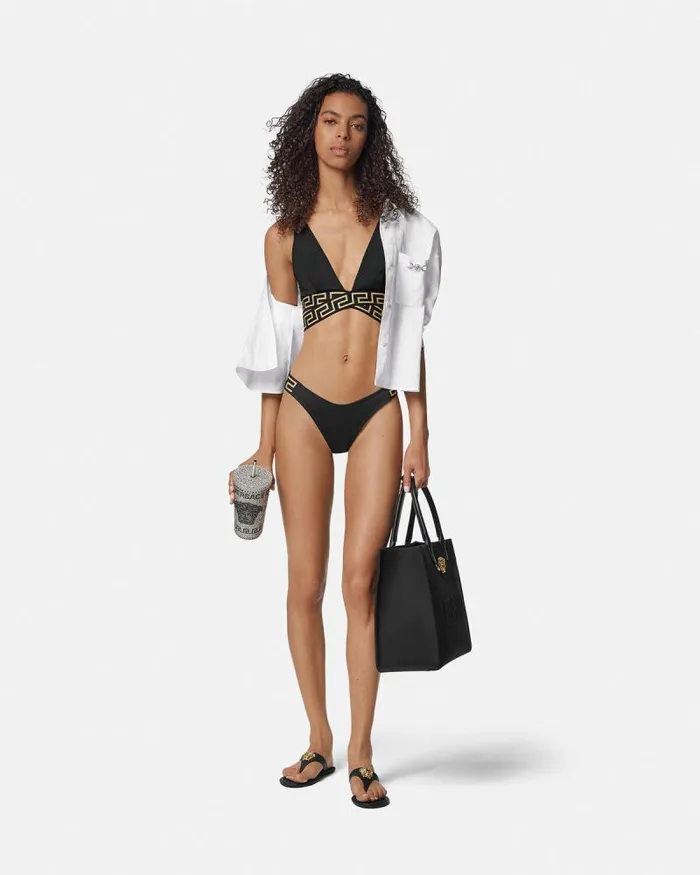 Greca Border Triangle Bikini Top Black Women Versace Swimwear