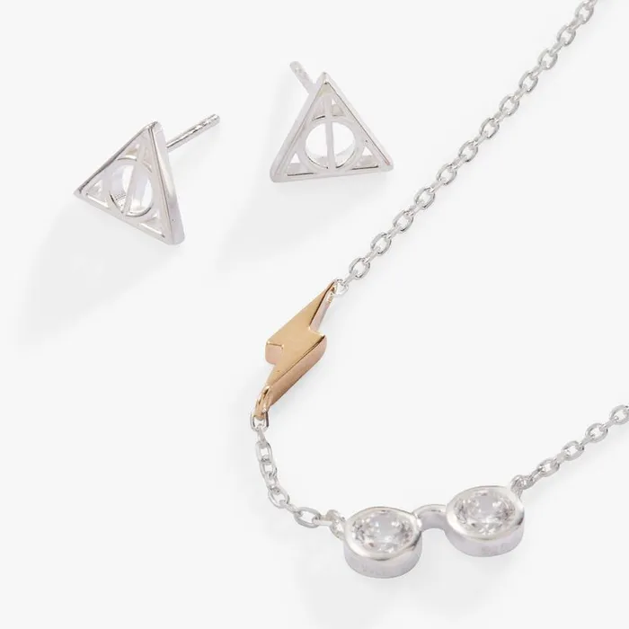 Harry Potter Glasses And Deathly Hallows Necklace And Earring Set Sterling Silver Two Tone Precious Women Alex And Ani Fine Jewelry