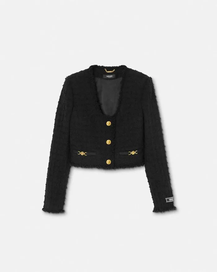 Heritage Tweed Crop Cardigan Jacket Black Women Versace Blazer and Jackets