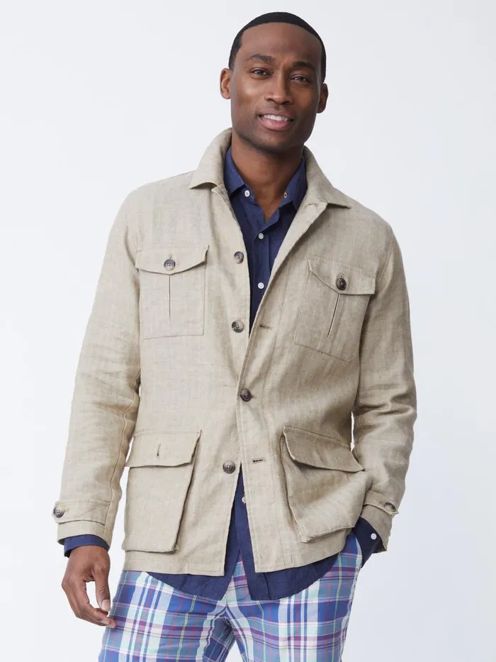 Jackets and Outerwear Men JMcLaughlin Brando Linen Safari Jacket In Herringbone Khaki