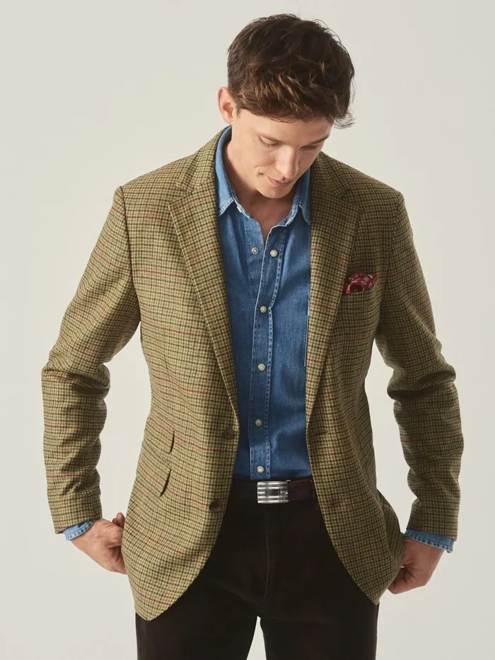 Jackets and Outerwear Men JMcLaughlin Suffolk Wool Sport Coat In Plaid Browngreenredmustard