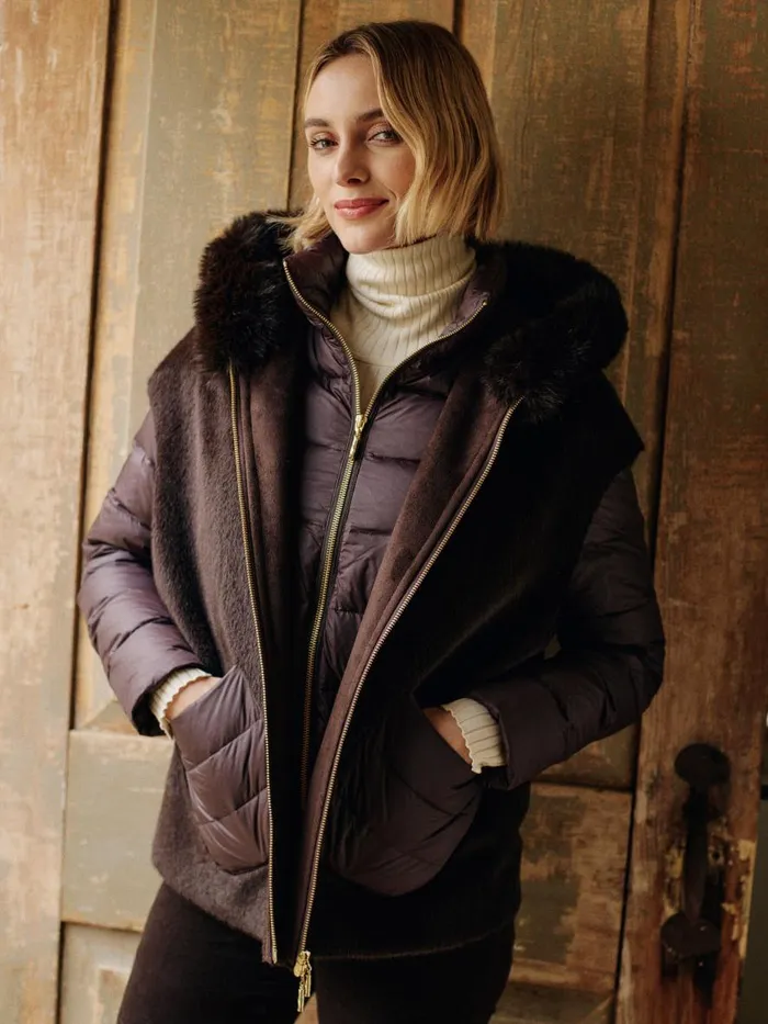 Jackets and Outerwear Women JMcLaughlin Nomi Puffer Jacket With Faux Fur Vest Dark Brown
