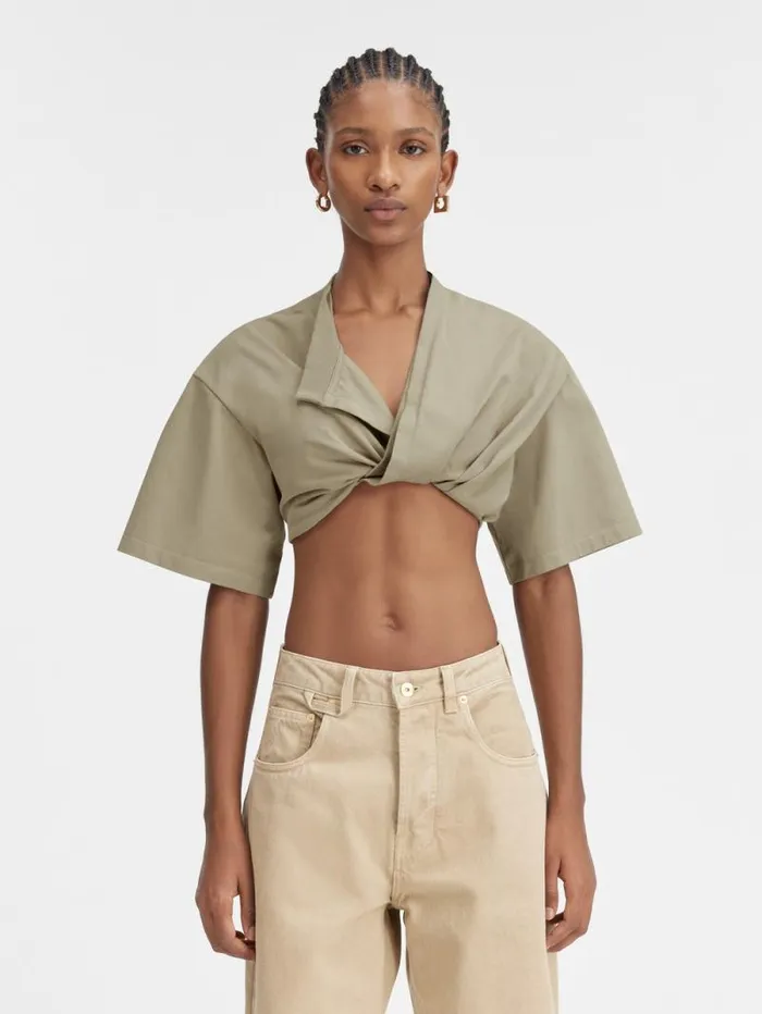 JACQUEMUS The Bahia Cropped Tshirt Light Khaki Women Tops and Shirts
