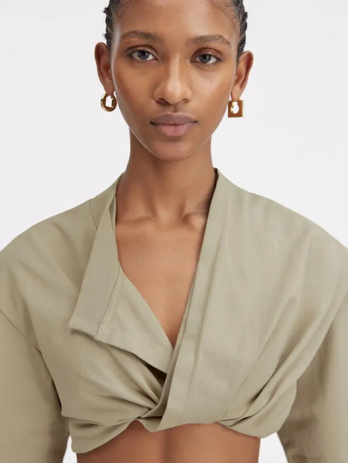 JACQUEMUS The Bahia Cropped Tshirt Light Khaki Women Tops and Shirts