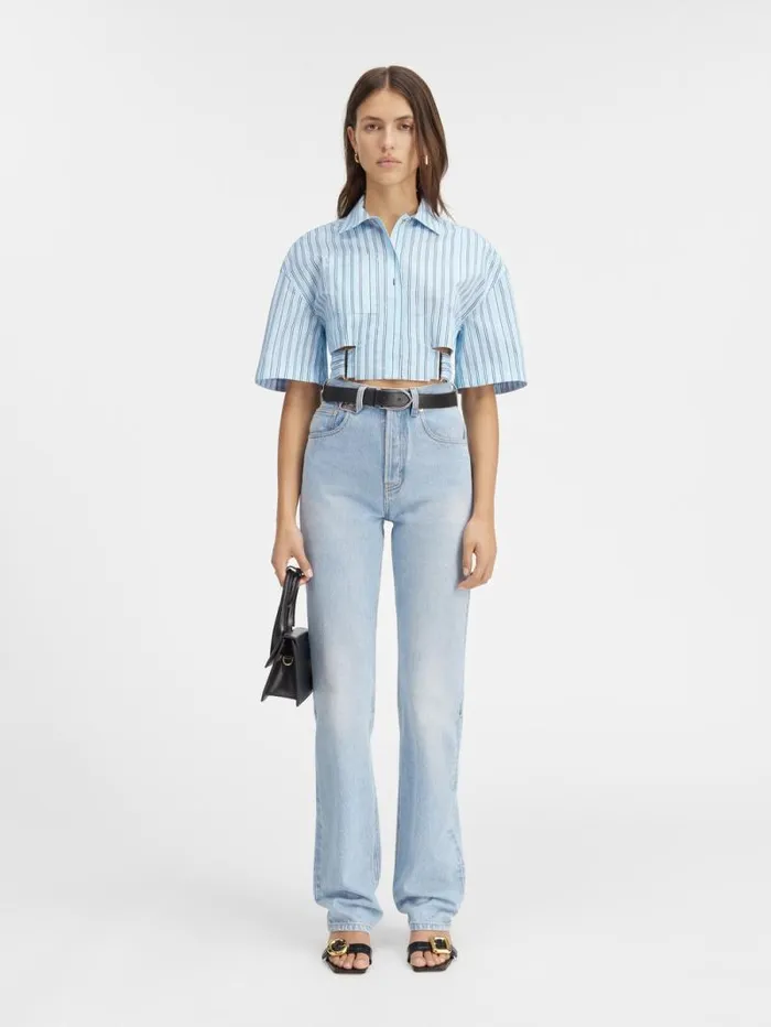 JACQUEMUS The Bari Cropped Shirt Print Blue Stripes Women Tops and Shirts