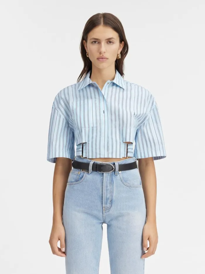 JACQUEMUS The Bari Cropped Shirt Print Blue Stripes Women Tops and Shirts JACQUEMUS The Bari Cropped Shirt Print Blue Stripes Women Tops and Shirts