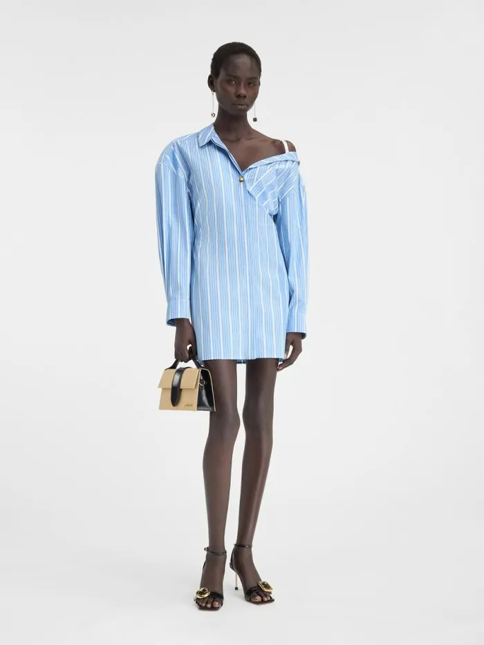 JACQUEMUS The Mini Shirt Dress Jacquard Bluewhite Women Dresses and Skirts