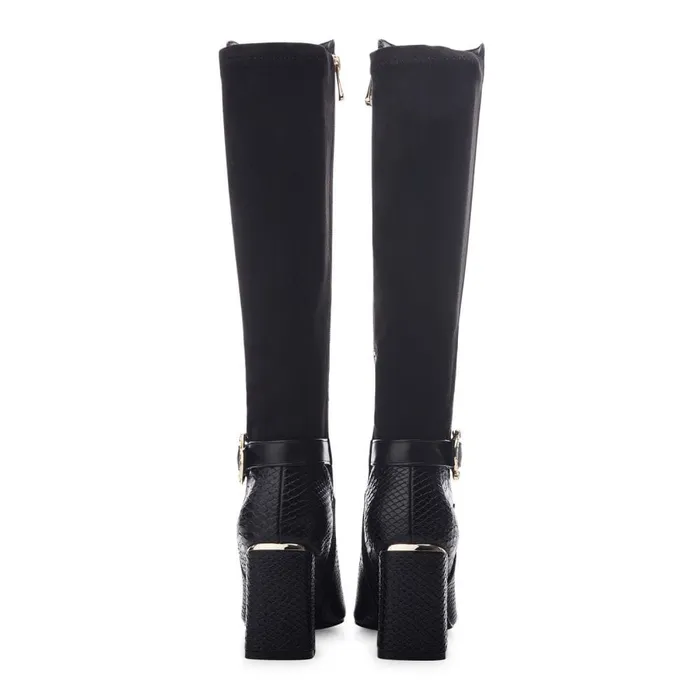Knee High Boots Women Moda In Pelle Saretta Black Snake Print