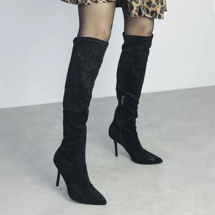 Knee High Boots Women Moda In Pelle Zarina Jet Black Alcantara