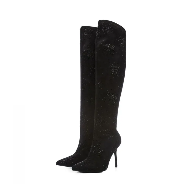 Knee High Boots Women Moda In Pelle Zarina Jet Black Alcantara