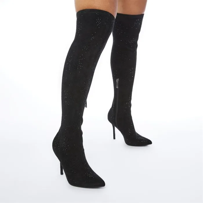 Knee High Boots Women Moda In Pelle Zarina Jet Black Alcantara