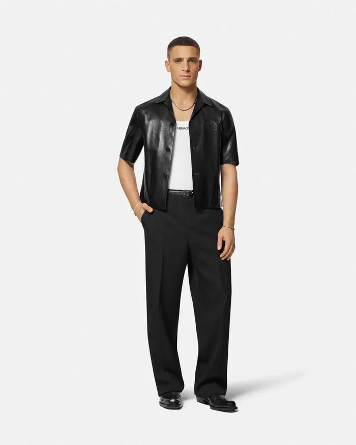 Leather Blouson Overshirt Black Men Versace Jackets and Coats