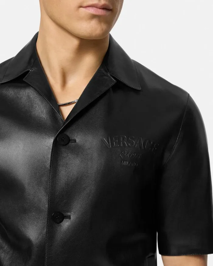 Leather Blouson Overshirt Black Men Versace Jackets and Coats