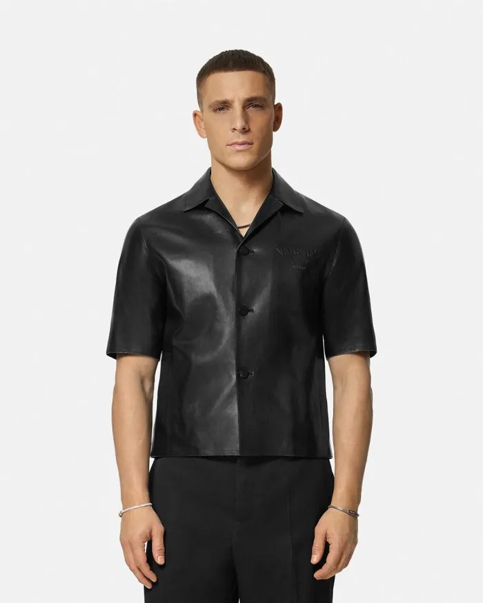 Leather Blouson Overshirt Black Men Versace Jackets and Coats
