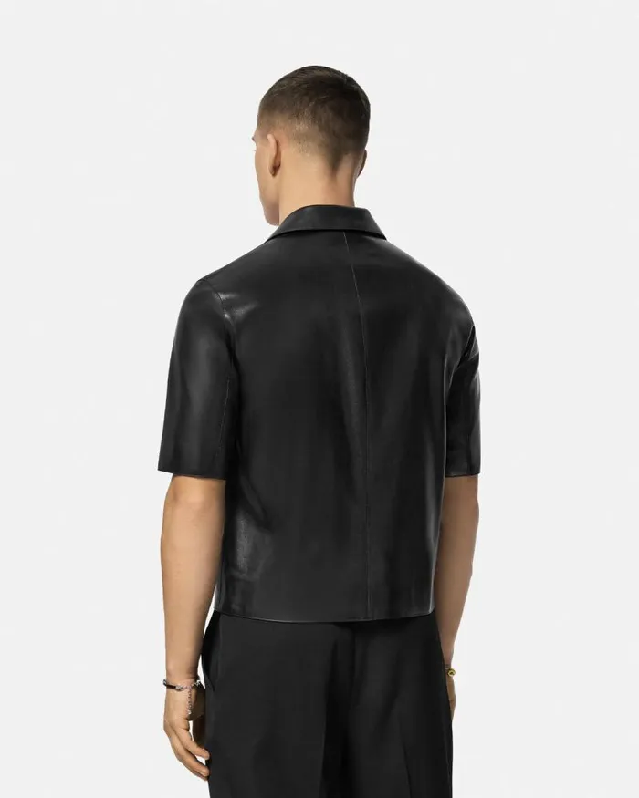 Leather Blouson Overshirt Black Men Versace Jackets and Coats