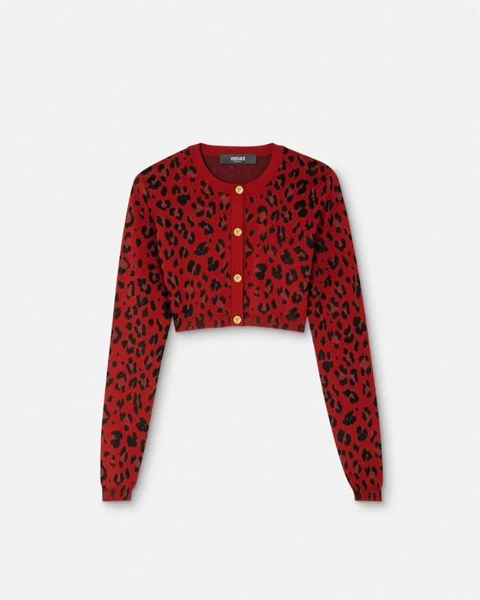 Leopard Lurex Crop Knit Cardigan Red Women Versace Knitwear