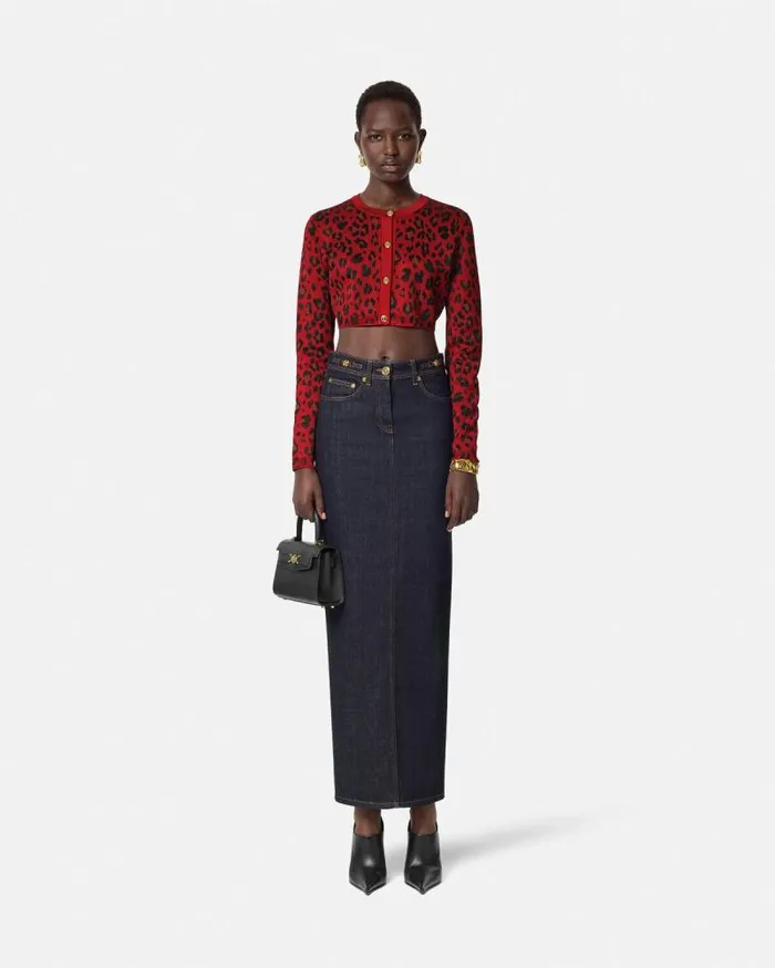 Leopard Lurex Crop Knit Cardigan Red Women Versace Knitwear