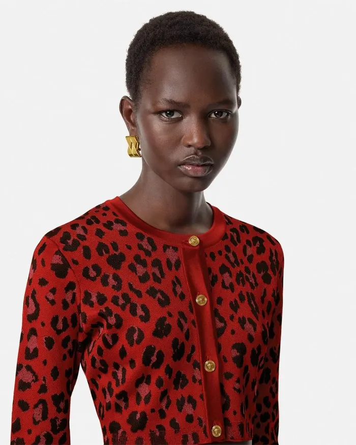 Leopard Lurex Crop Knit Cardigan Red Women Versace Knitwear