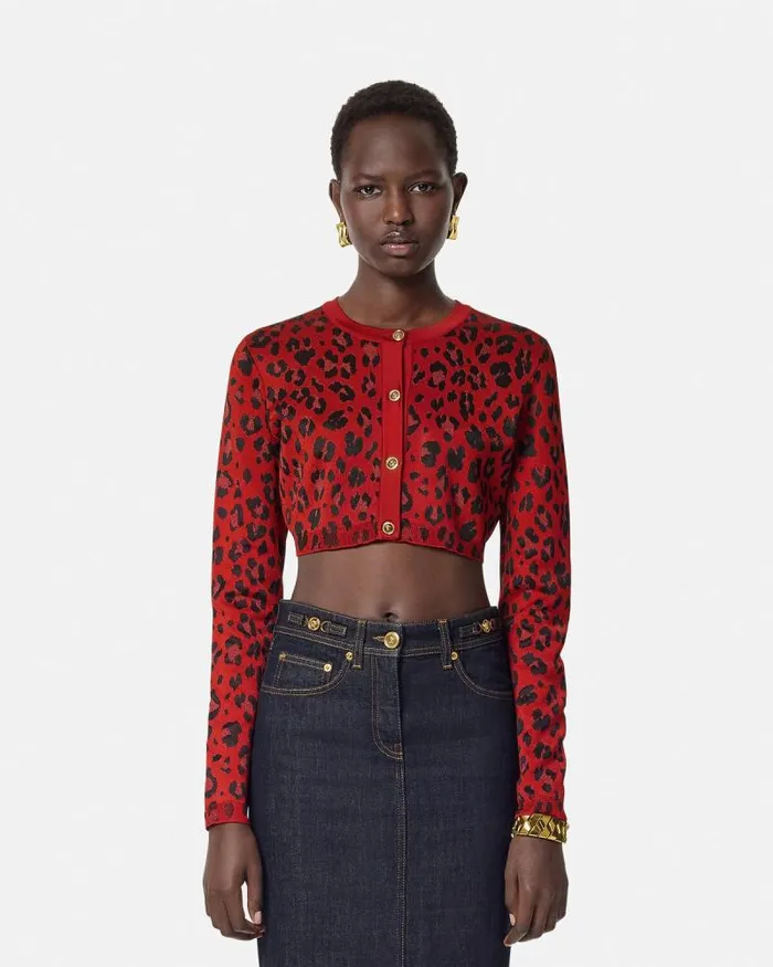 Leopard Lurex Crop Knit Cardigan Red Women Versace Knitwear