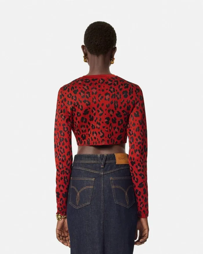 Leopard Lurex Crop Knit Cardigan Red Women Versace Knitwear