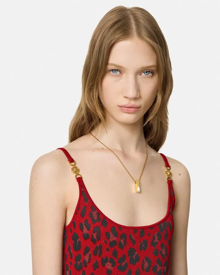 Leopard Lurex Fitted Knit Midi Dress Red Women Versace Dresses