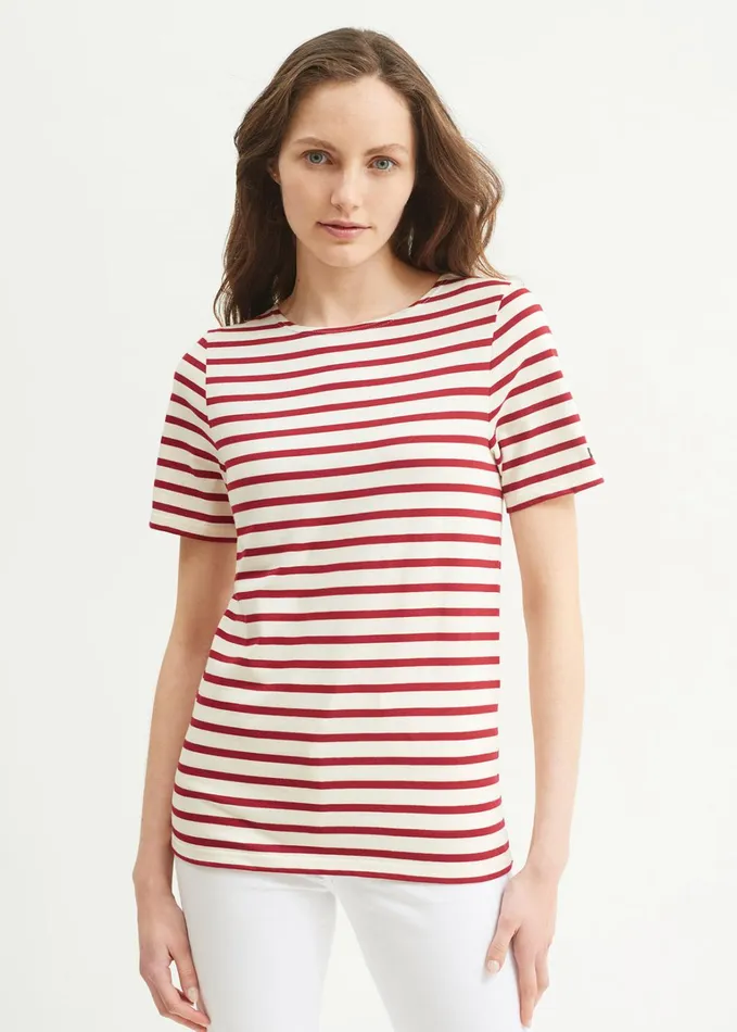 Levant Modern Breton Stripe Short Sleeve Shirt Soft Cotton Ecrumaroon Women Saint James Breton Striped Shirts Levant Modern Breton Stripe Short Sleeve Shirt Soft Cotton Ecrumaroon Women Saint James Breton Striped Shirts