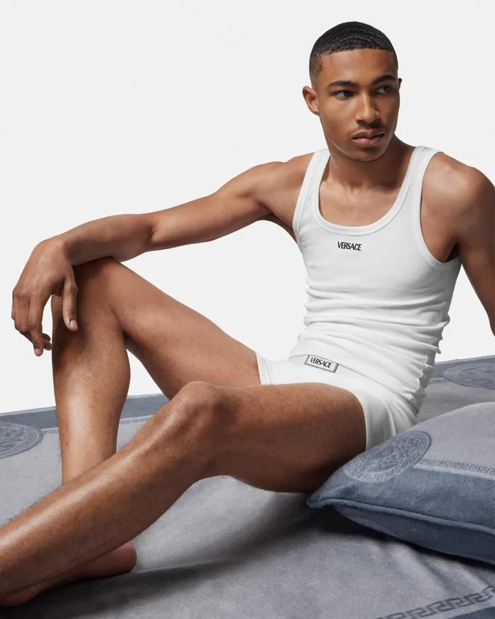 Logo Ribbed Tank Top White Men Versace TShirts and Polos