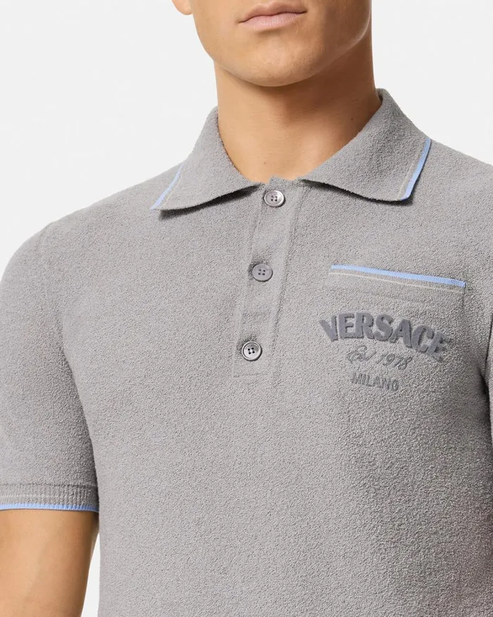 Logo Towel Polo Shirt Gray Men Versace Knitwear