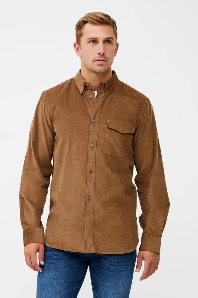 Man Shirts French Connection Cord Long Sleeve Shirt Sepia