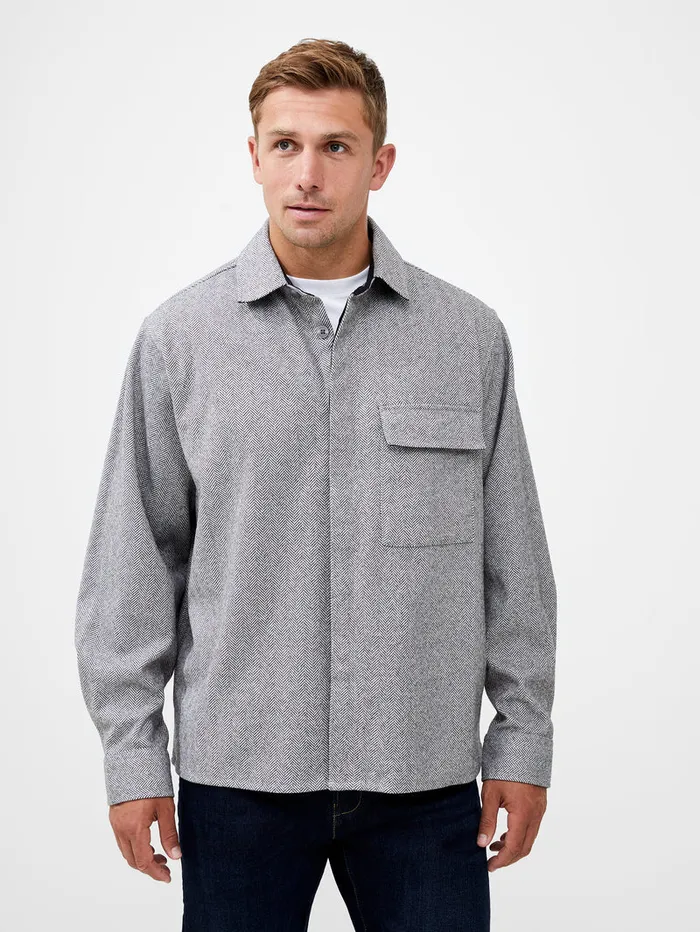 Man Shirts French Connection Herringbone Long Sleeve Shirt Lgt Grey