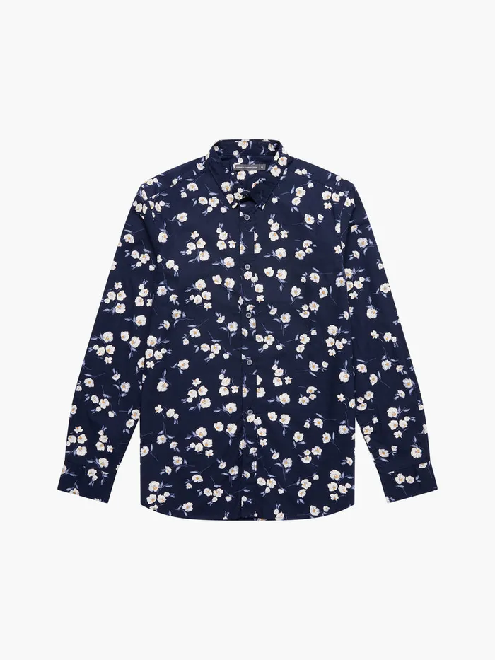 Man Shirts French Connection Large Floral Long Sleeve Shirt Marine