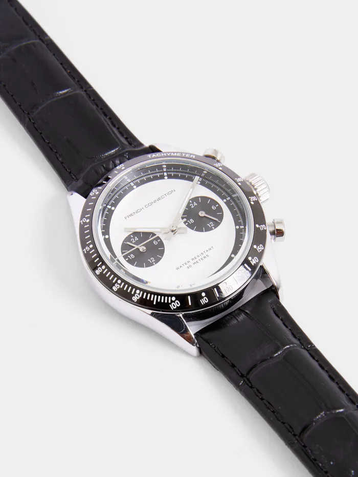 ManWoman Watches French Connection Black Leather Strap Watch With White Dial Black ManWoman Watches French Connection Black Leather Strap Watch With White Dial Black