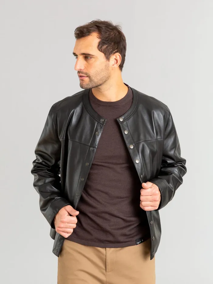 Men Agns B Jackets and Coats Longsleeved Cardigan With Press Studs In Black Lambskin Leather