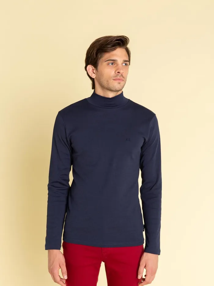 Men Agns B Tshirts and Polo Shirts Navy Blue High Collar Panama Tshirt