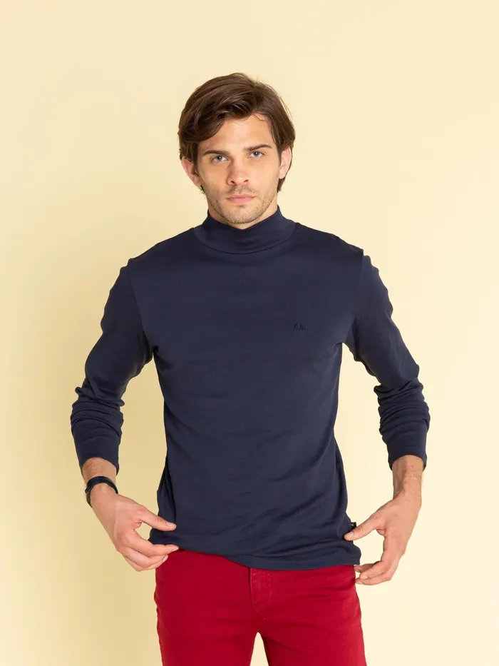 Men Agns B Tshirts and Polo Shirts Navy Blue High Collar Panama Tshirt